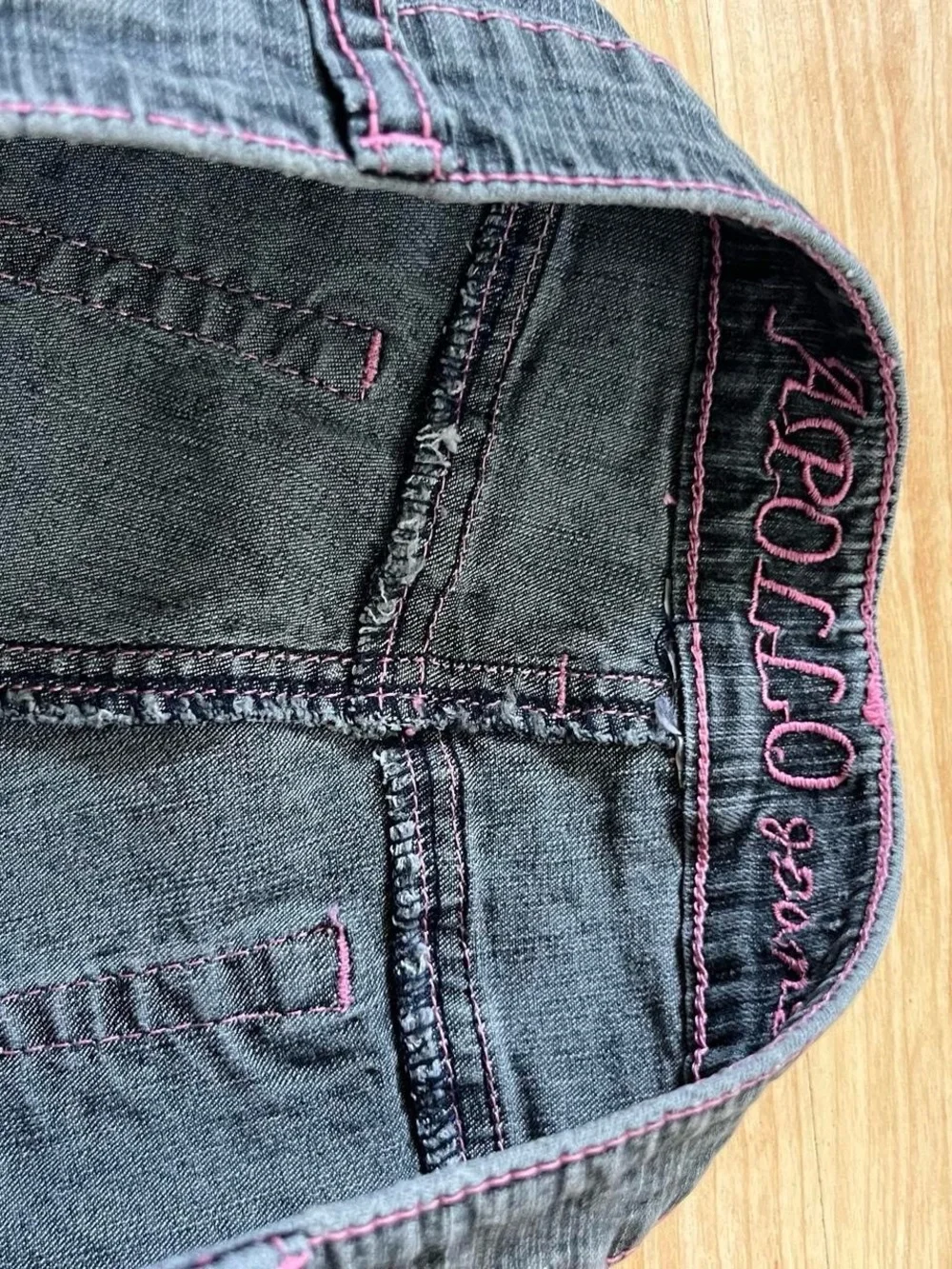 y2k fairy core denim shorts embroidered scallop hem and sequin details